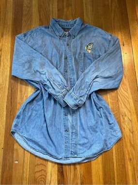 Vintage Rivers End long-sleeve denim shirt featuring a bass fish embroidery